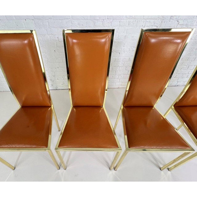 Cognac Leather and Brass Chairs by Renato Zevi, 1970s, Set of 6 For Sale - Image 3 of 7