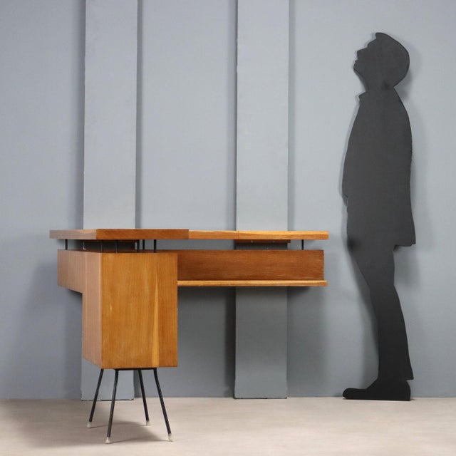 Vintage corner bar cabinet with counter, storage unit with sliding doors and open compartment in oak veneer with black...