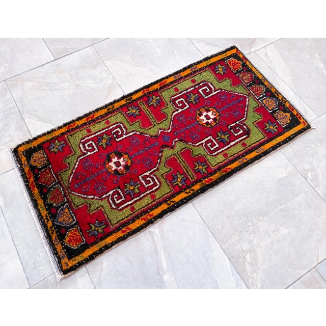 Red 1970s Hand Made Turkish Mat Rug Colorful Small Rug Kitchen Mat Organic Wool - 1'8" X 3'5" For Sale - Image 8 of 11