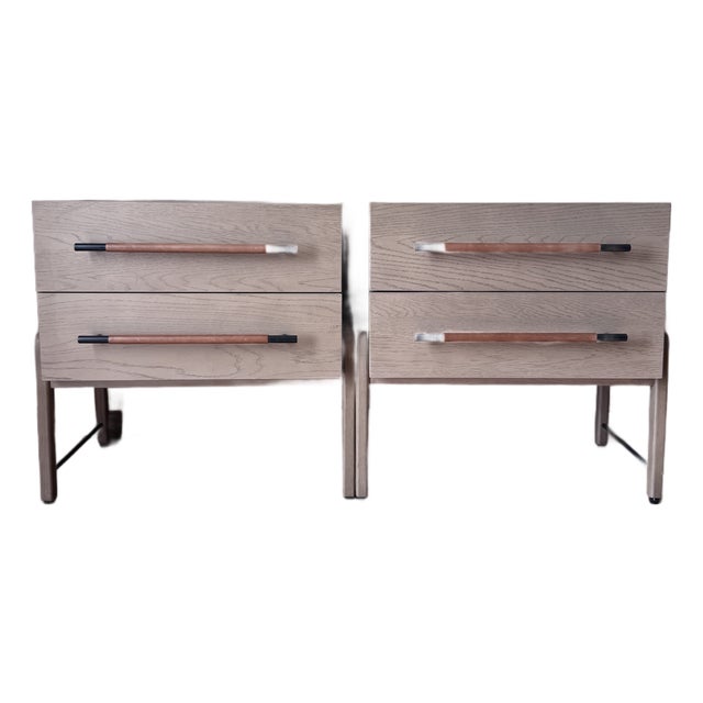 Pair of Four Hands Rosedale Nightstands in Yucca Oak With Leather Accents – Excellent Condition For Sale