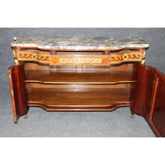 French Early 20th Century French Louis XVI Style Marble Top Commode – Bronze Figural Mounts & Walnut Marquetry Sideboard For Sale - Image 3 of 10