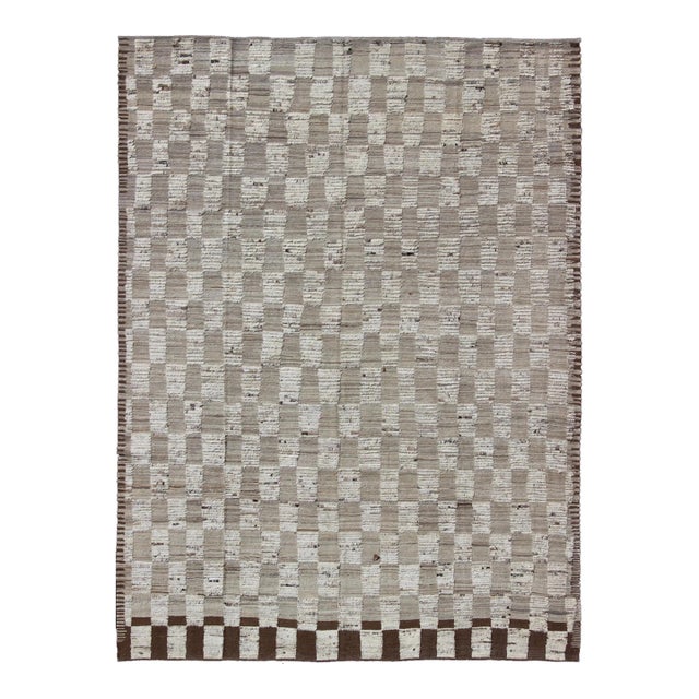 Hi-Low Piled Rug With Checkerboard Design in Earth Tones by Keivan Woven Arts For Sale