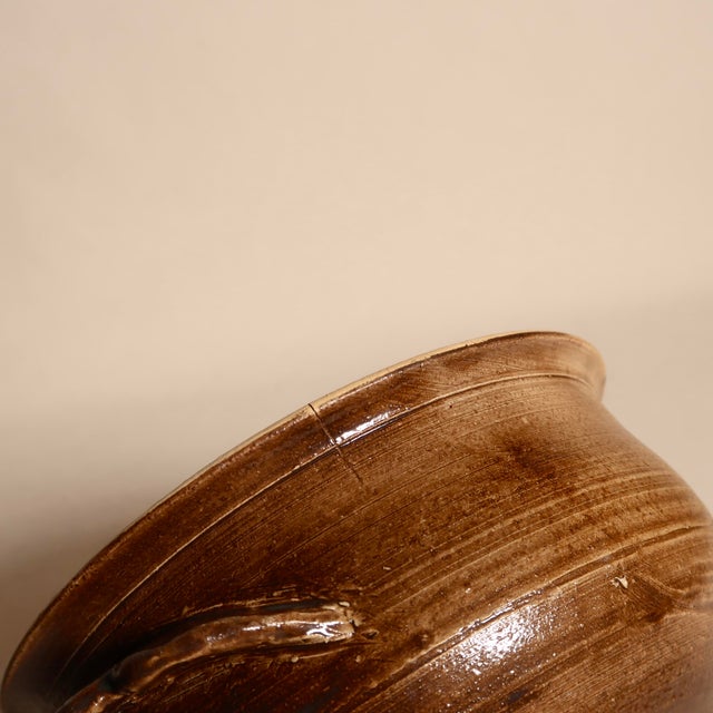 Vintage Signed Wabi Sabi Studio Pottery Stoneware Bowl With Sculptural Handles in a Earthy Brown & Green Glaze For Sale - Image 9 of 10