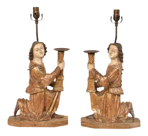 18th Century Italian Hand-Carved and Painted Wood Figurative Table Lamps - a Pair