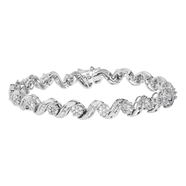 14K White Gold 2.00 Cttw Diamond Cluster and Spiral Link Bracelet (I-J Color, I1-I2 Clarity) - 7" For Sale
