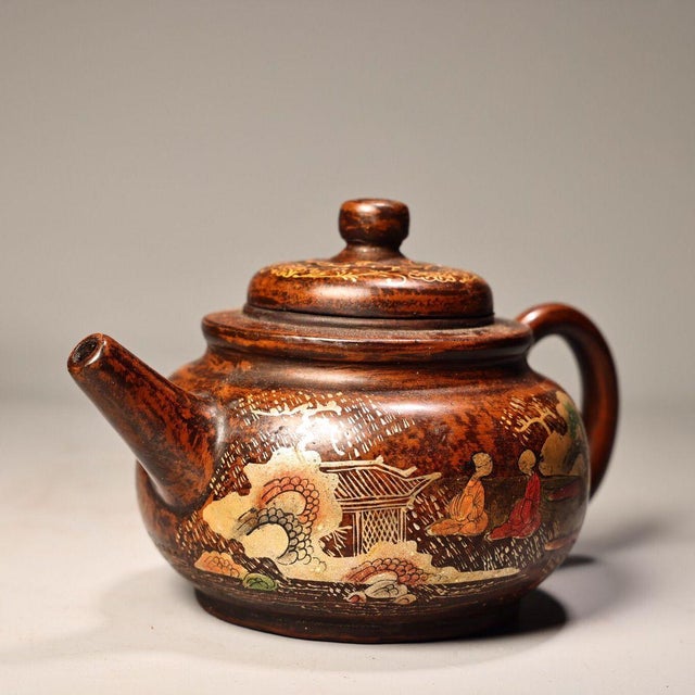 Vintage Yixing Zisha Teapot With Box – Hand-Painted Gilt Landscape Teapot For Sale In Los Angeles - Image 6 of 9