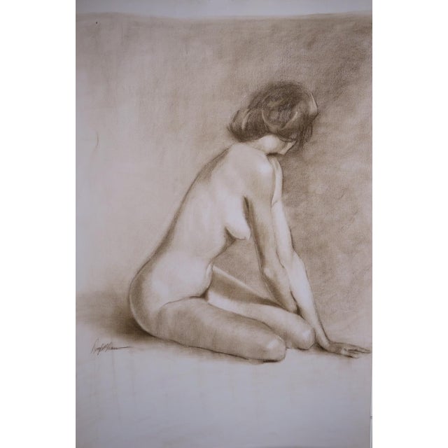Nude Figure Drawing Woman Seated Brunette, by Doyle Shaw (1947 - 2019) Estate original 24 x 36 Conte charcoal on paper....