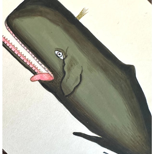Nautical Original Hand-Painted Whimsical Baby Whale Painting in a Vintage Italian Gold Frame For Sale - Image 3 of 3