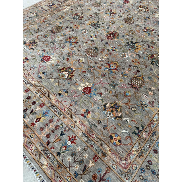 Chobi Area Rug, Hand-Knotted Wool, Allover Floral, 9x12, Silver & Camel For Sale - Image 9 of 11