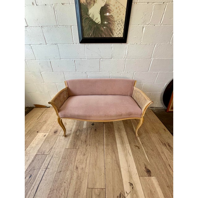 Hollywood Regency Louis XV Style Washed Caned Loveseat Serpentine Frame For Sale - Image 10 of 11
