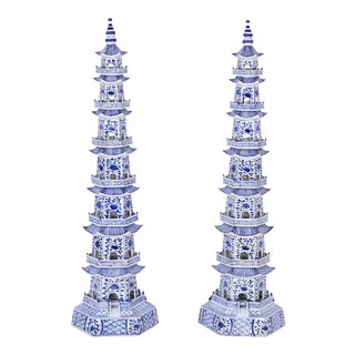 Chinese Blue and White Porcelain Pagodas - A Pair For Sale