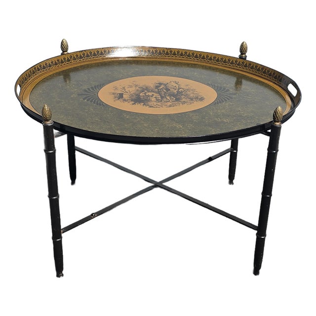 Vintage Hollywood Regency Faux Bamboo Chinoiserie Tole Tray Coffee Table Italy For Sale