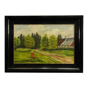 Antique Oil Painting Farm Girl on a Flower Meadow by M. E. Ummenhofer
