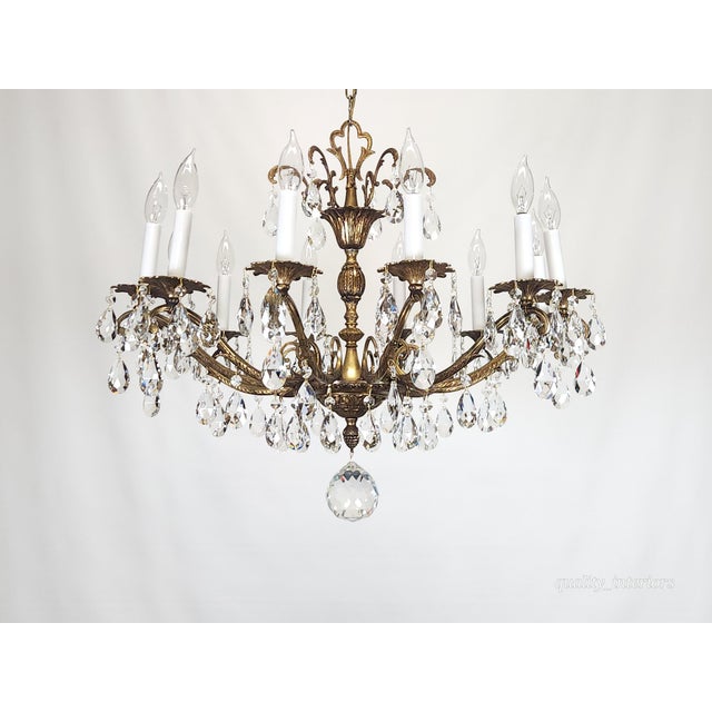 Metal Antique 12 Light Captivating Curvaceous Brass Cut Lead Crystal Chandelier For Sale - Image 7 of 10