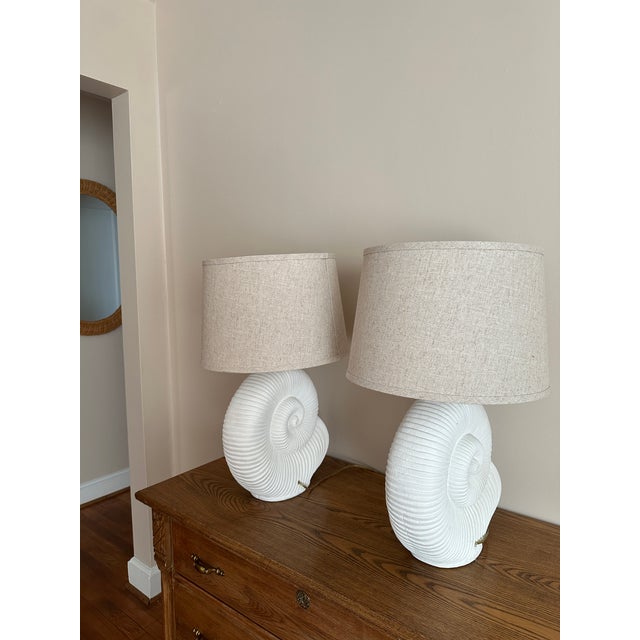 White Vintage Spiral Shell Table Lamps With Linen Drum Shades - A Pair For Sale - Image 8 of 18