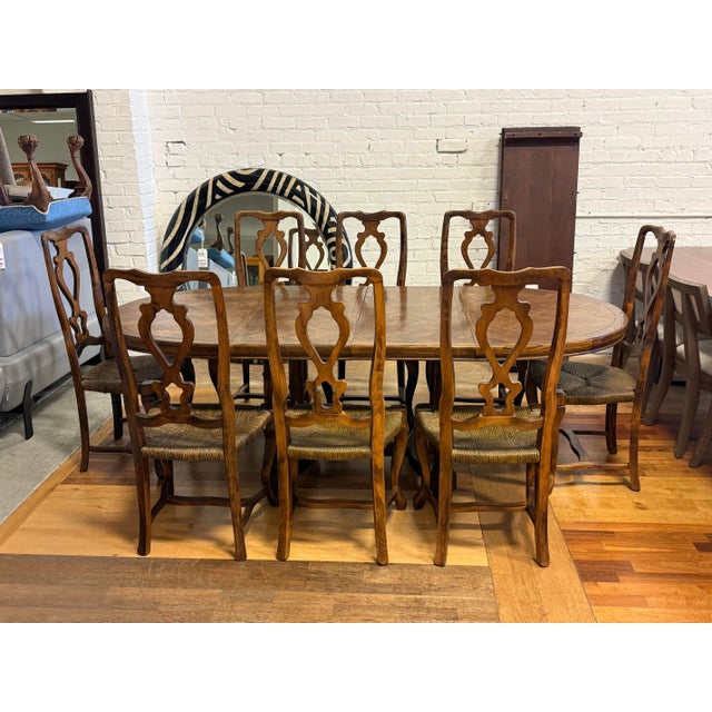 Design Plus Gallery presents a Vintage French Provincial Style Oak Parquet Extension Dining Table + Eight Chairs from...