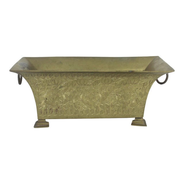 Vintage Etched Brass Footed Indoor Planter Jardinière With Handles For Sale