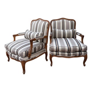 Late 20th Century Vintage Neutral Striped Bergere Chairs, a Pair For Sale