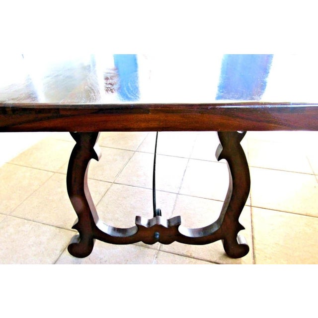 Vintage Spanish Catalan Trestle Dining Table With Lyre Legs and Iron Stretchers For Sale - Image 9 of 15
