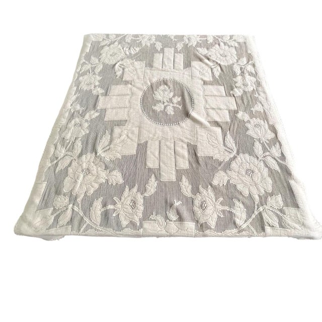 Victorian 36" X 32" Vintage Small Table Cloth Ivory Floral Farmhouse Traditional Victorian Edwardian Square 36" X 32" For Sale - Image 3 of 12