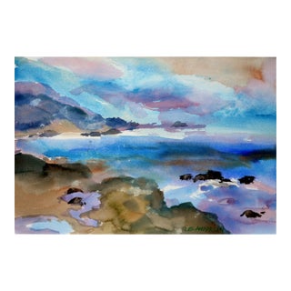 Vintage Sunset Seascape Watercolor Point Lobos, Carmel by Les Anderson For Sale