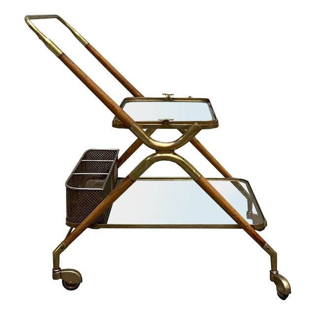 Wooden and Brass Bar Cart by Cesare Lacca, Italy, 1950s For Sale