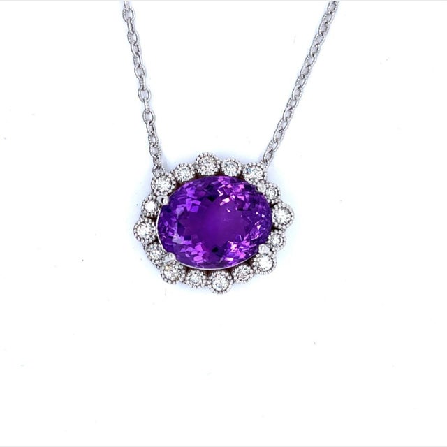 Metal Natural Amethyst Diamond Pendant with Chain 14k W Gold 15.51 TCW Certified For Sale - Image 7 of 9