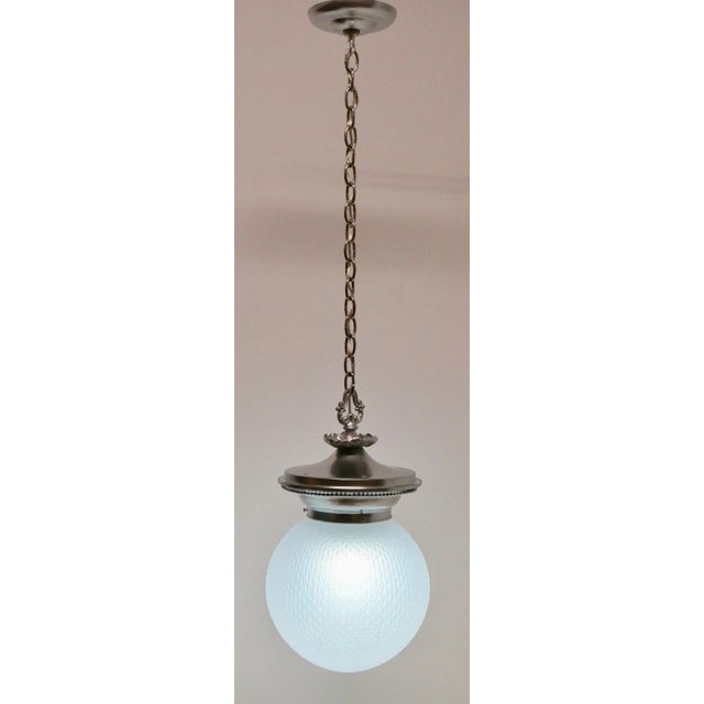 Early 20th Century Antique Opaline Glass Globe and Cast Metal Hanging Pendant Light Fixture For Sale - Image 5 of 12