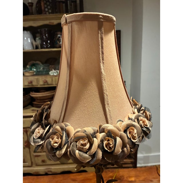 American Late 20th Century Hollywood Regency Gilt Tole Vine Lamp Pair With Rose Petal Shades - a Pair For Sale - Image 3 of 7