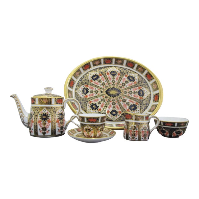 Royal Crown Derby 1128 Old Imari Bone China Full Miniature Tea Set & Oval Tray For Sale