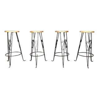 Vintage French Wrought Iron Bar Stools, 1960s, Set of 4 For Sale