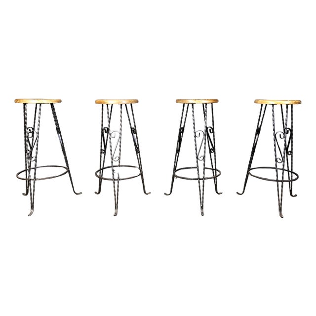 Vintage French Wrought Iron Bar Stools, 1960s, Set of 4 For Sale