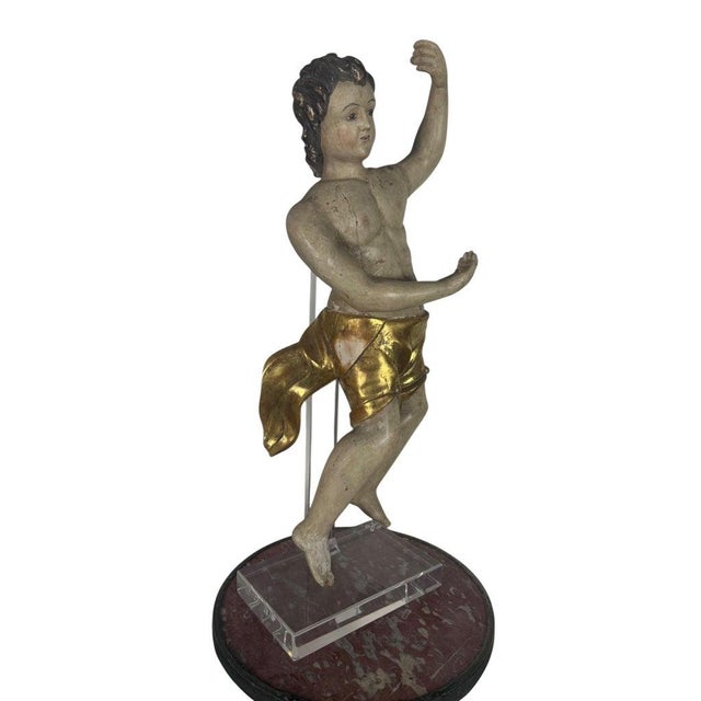 Baroque 19th Century Carved Polychrome and Giltwood Statue of a Putti For Sale - Image 3 of 14