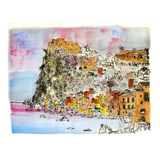 Scilla - Hamlet under the Cliff - Etching and Watercolor by G. Omiccioli 1970 ca. For Sale