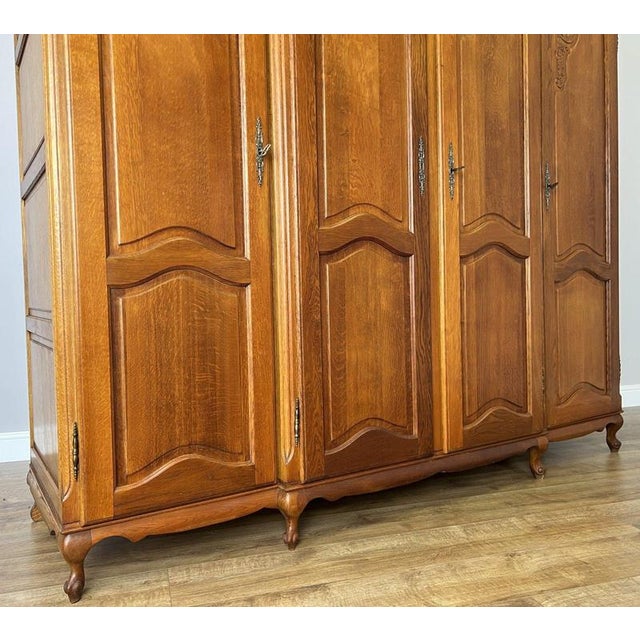 Brown Vintage French Louis XVI Style Carved Oak 4-Door Wardrobe For Sale - Image 8 of 15