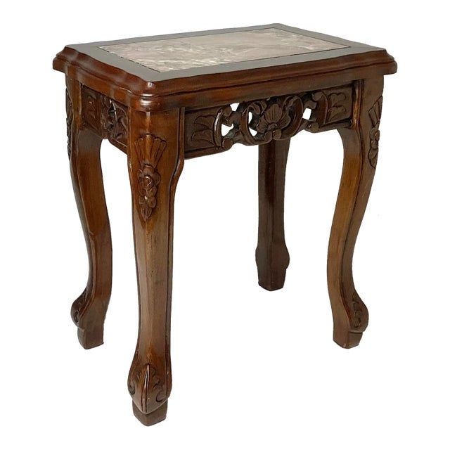 Small Chinese Carved Wood Side Table With Inlaid Pink Marble Top For Sale