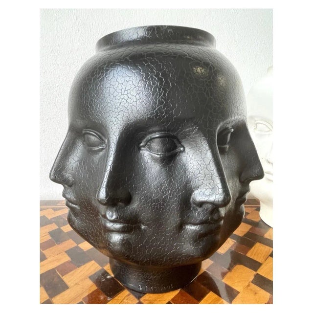 Vintage Perpetual Face Vases by TMS! Fornasetti Style! Black with crackled texture. In fantastic condition.