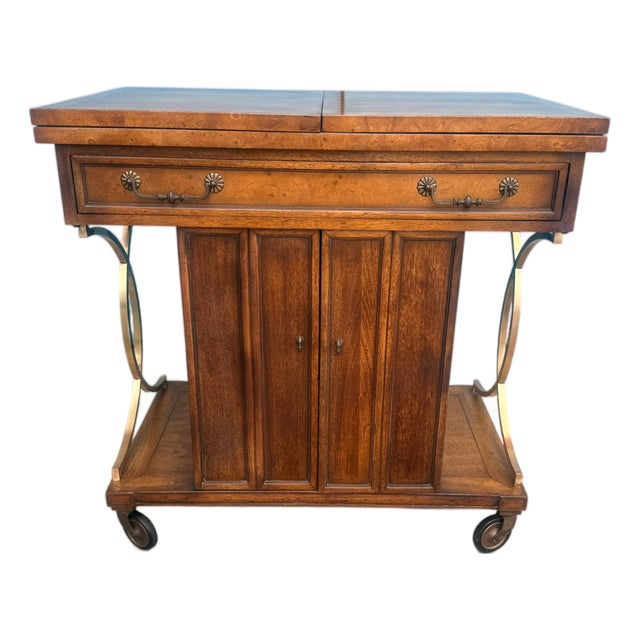 Vintage Mastercraft Burl Wood & Brass Expandable Bar Cabinet on Casters For Sale