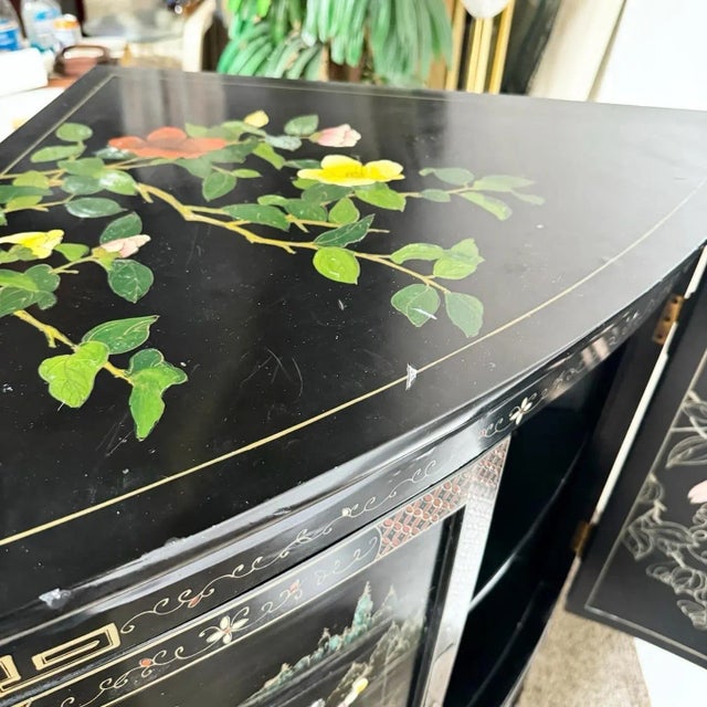 Chinese Black Lacquered and Hand Painted Demi Lune Cabinet For Sale - Image 10 of 10