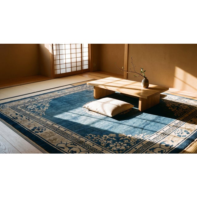 1920s Blue Navy Medallion Antique Chinese Peking Rug 8' 4" X 7' Knotted Pile Wool Carpet For Sale - Image 18 of 18