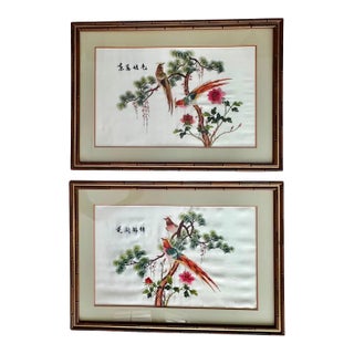 Pair Chinese Signed Embroidered Suzhou Silk Framed Paintings For Sale