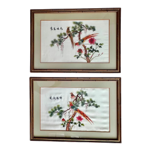 Pair Chinese Signed Embroidered Suzhou Silk Framed Paintings