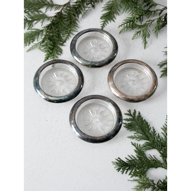 Mid Century Leonard Silver Plate and Glass Coaster Set 4 For Sale - Image 12 of 12