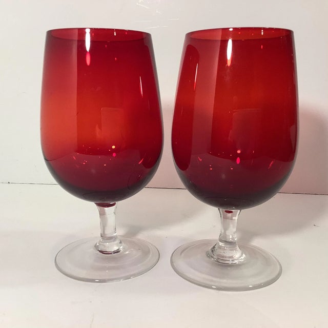 1960s Ruby Art Deco Water Goblets With Clear Low Rise Stems - Set of 8 For Sale - Image 4 of 8