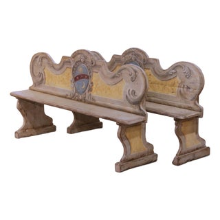 Pair of Mid-Century Italian Carved and Hand-Painted Oak Cassapanca Benches For Sale