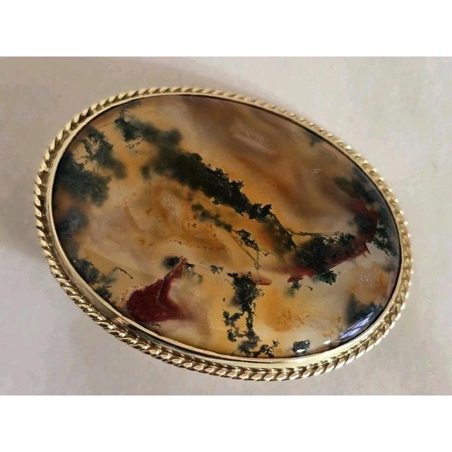 Vintage 9ct Yellow Gold Moss Agate Brooch, Sheffield, 1989 For Sale - Image 17 of 18