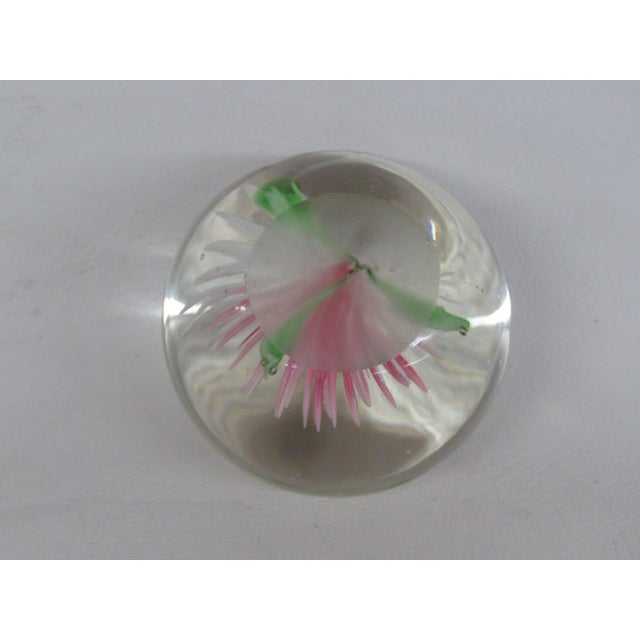 Art Glass Clear Globe Paperweight With Pink Chrysanthemum and Green Leaves 4848b For Sale - Image 4 of 9