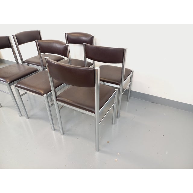 Vintage Chairs in Chromed Metal and Brown Imitation Leather, 1970s, Set of 6 For Sale - Image 11 of 18