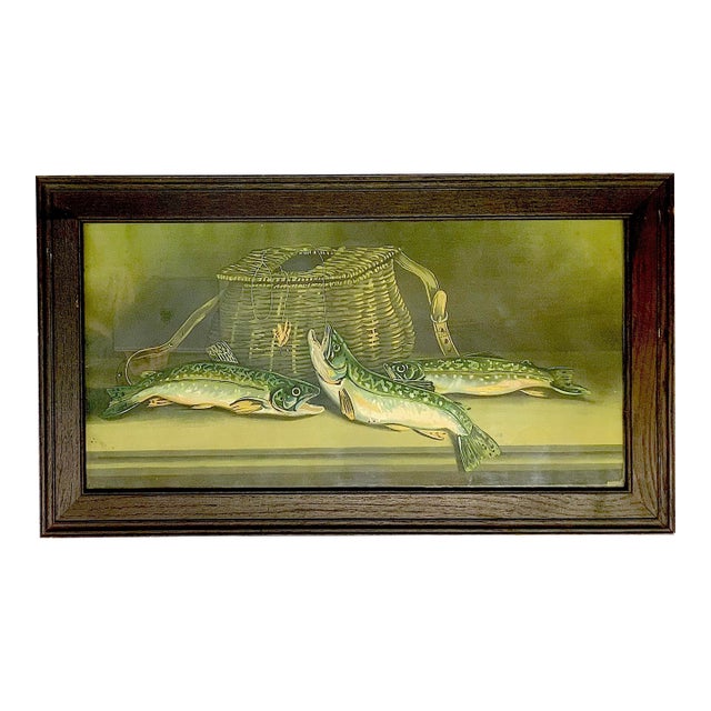 Circa 1930s Catch of the Day Lithograph Trout/Creel For Sale