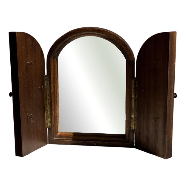 Mini Mirror with Rounded Oak Top, 1980s For Sale